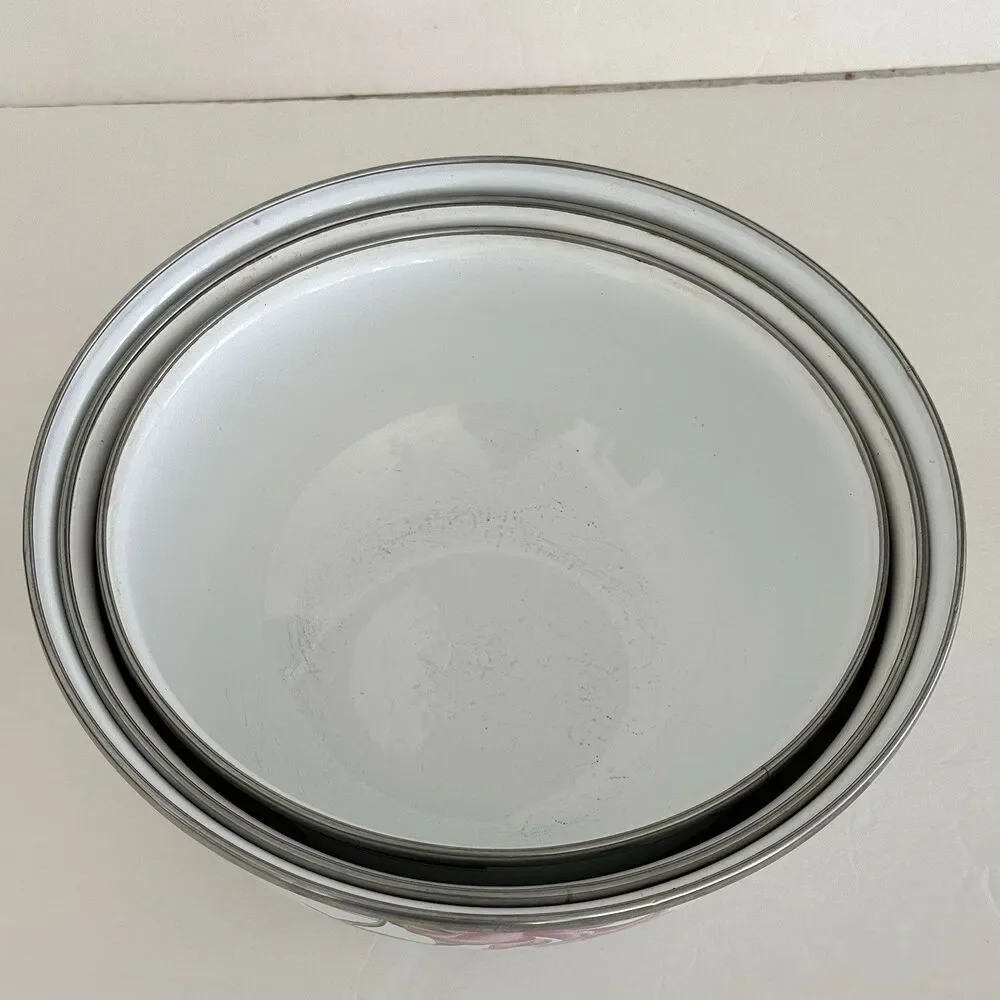 Vtg GMI Enamel Nesting Bowls Floral Iris Metal Mixing Floral White Set of 3